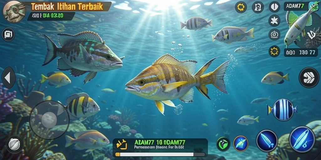 Gameplay seru ADAM77 dengan menembak berbagai jenis ikan.