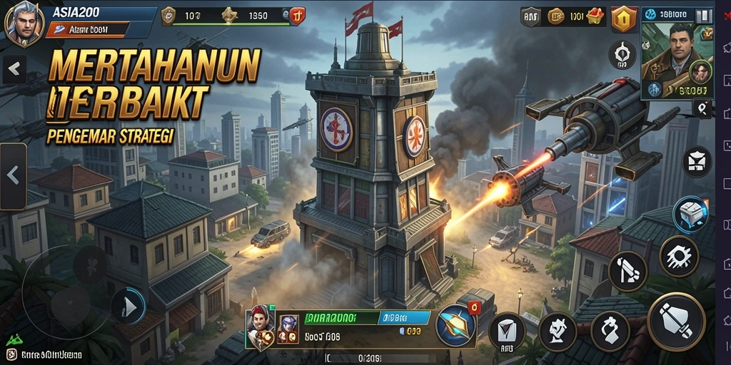 Tangkapan layar ASIA200 menampilkan menara dan strategi pertahanan yang epik.