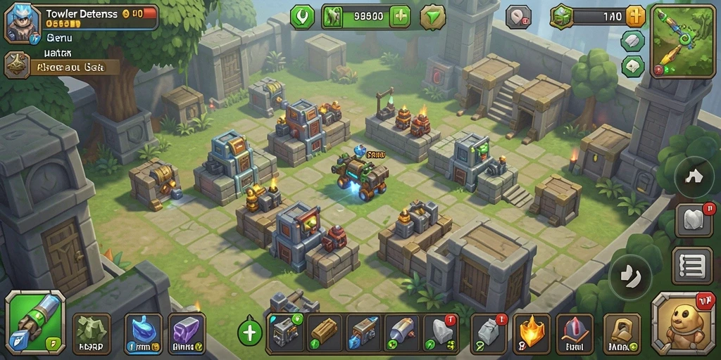 Screenshot menunjukkan gameplay PAKARJP saat mempertahankan menara dari serangan musuh.