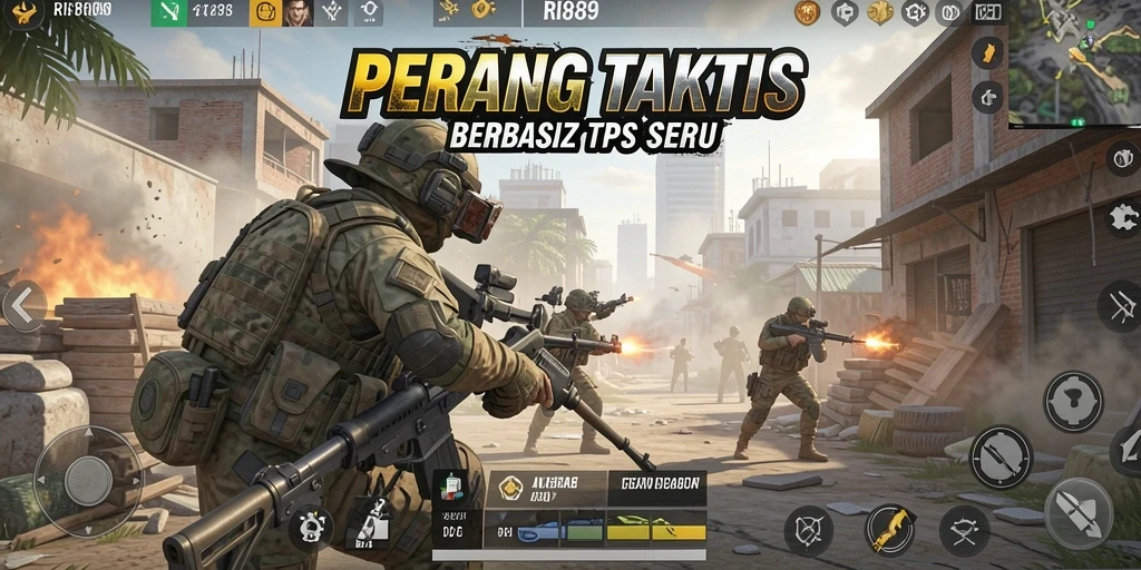 Screenshot utama menampilkan aksi pertempuran seru dalam gameplay TPS.